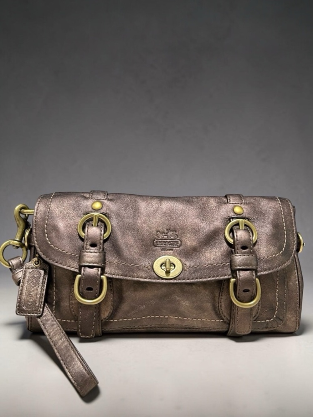 COACH Garcia Legacy Distressed/Textured Leather Clutch/Wristlet in Bronze